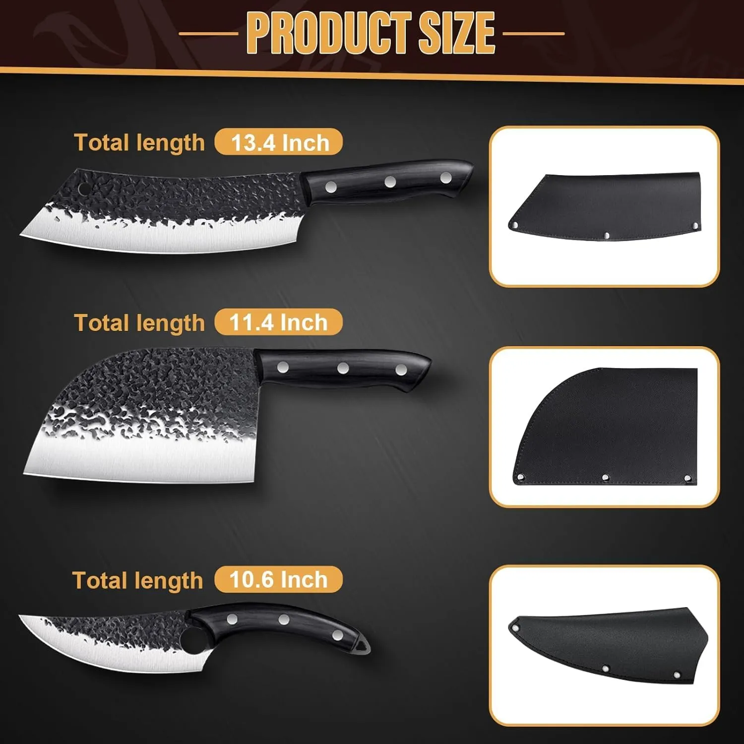 Golden Bird Butcher Knife Set - 4pcs Hand Forged Meat Cleaver Knife & Serbian Chef Knives & Sharp Viking Knives for Meat Cutting, Camping, BBQ, Men's Birthday Gift