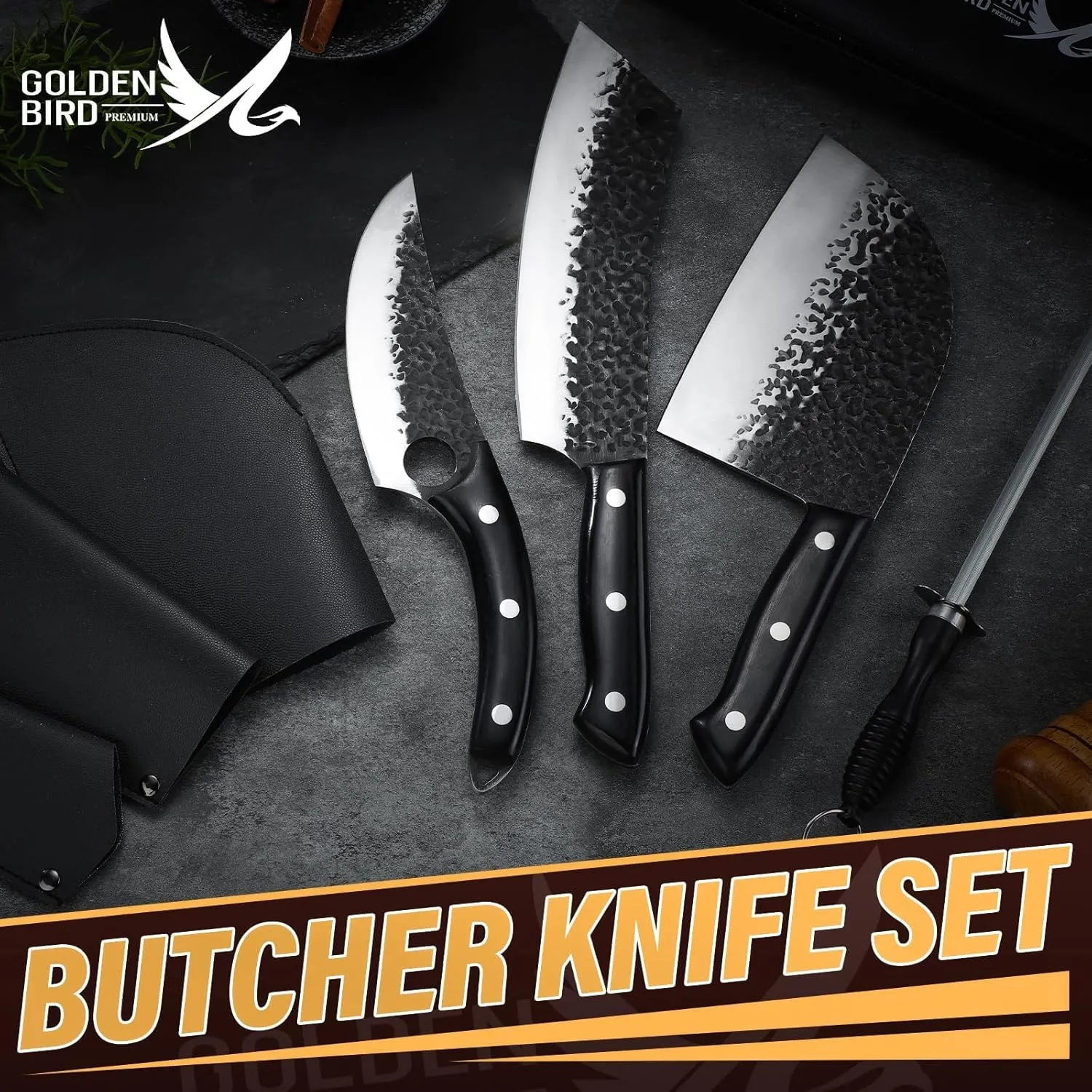 Golden Bird Butcher Knife Set - 4pcs Hand Forged Meat Cleaver Knife & Serbian Chef Knives & Sharp Viking Knives for Meat Cutting, Camping, BBQ, Men's Birthday Gift