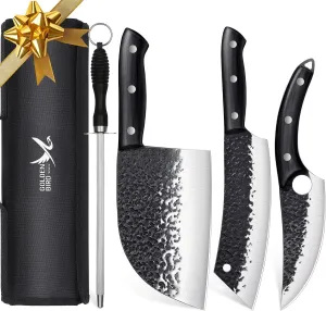 Golden Bird Butcher Knife Set - 4pcs Hand Forged Meat Cleaver Knife & Serbian Chef Knives & Sharp Viking Knives for Meat Cutting, Camping, BBQ, Men's Birthday Gift