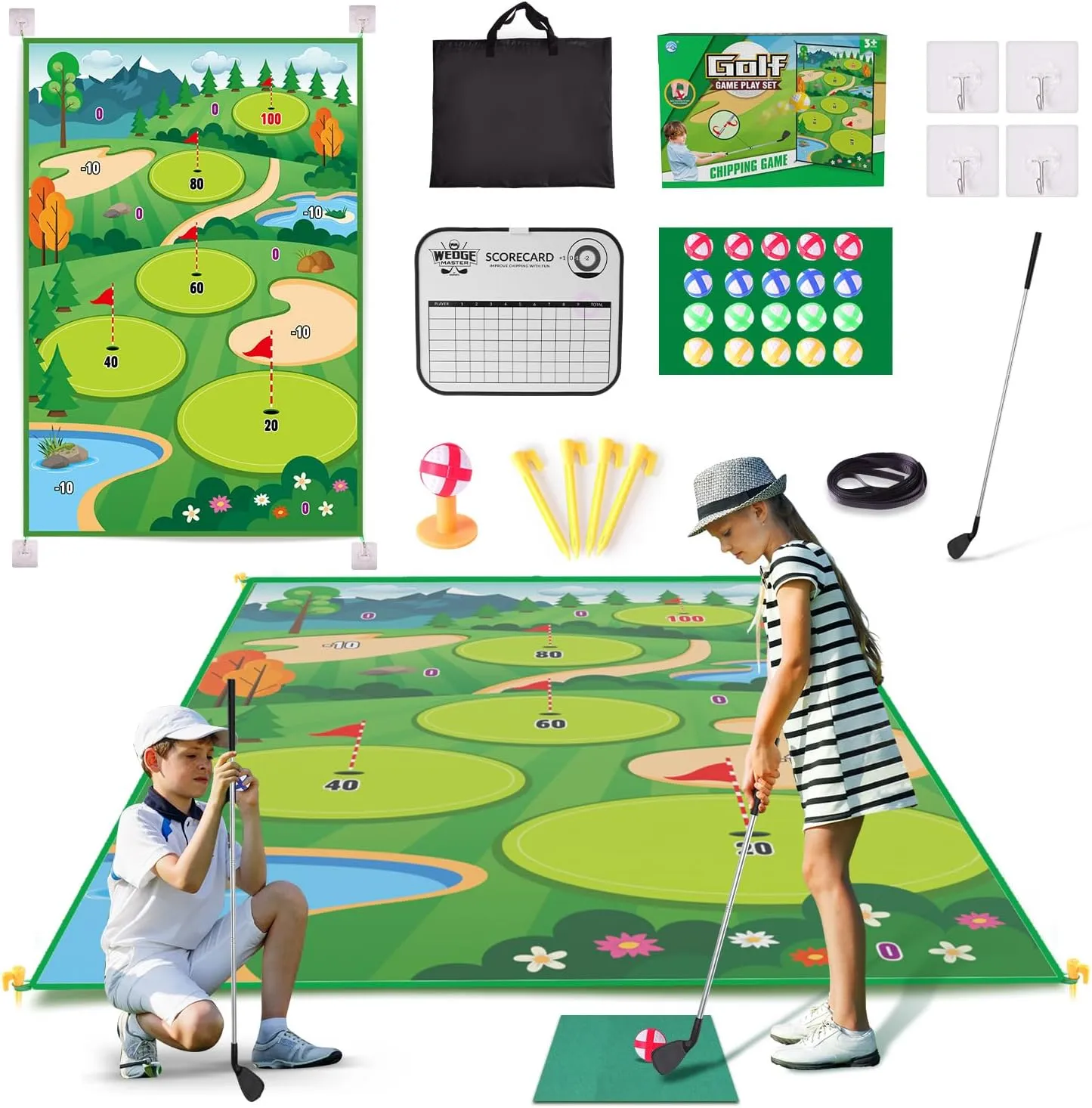 Golf Chipping Game with Golf Hitting Mat, Golf Training Mat with 20 Sticky Balls, Club, Scoreboard, Targets with Practice Chipping Mat Kits Indoor Outdoor Golf Accessories for Adult Family Yard
