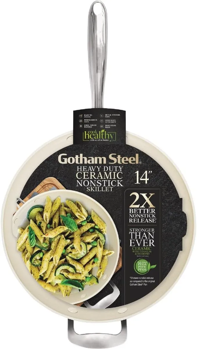 GOTHAM STEEL 14 Inch Non Stick Frying Pans Large Nonstick Cooking Pan, Nonstick Skillet, Non Stick Pan, 100% PFOA Free Ceramic Pan for Cooking, Dishwasher Safe, Cream White