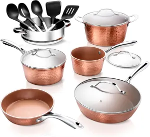 Gotham Steel Hammered 15 Pc Ceramic Cookware Set Nonstick, Deep Copper Pots and Pans Set Non Stick with Induction Cookware, Cooking Utensils & Steamer, Non Toxic PFOA PFOS Free, Oven & Dishwasher Safe