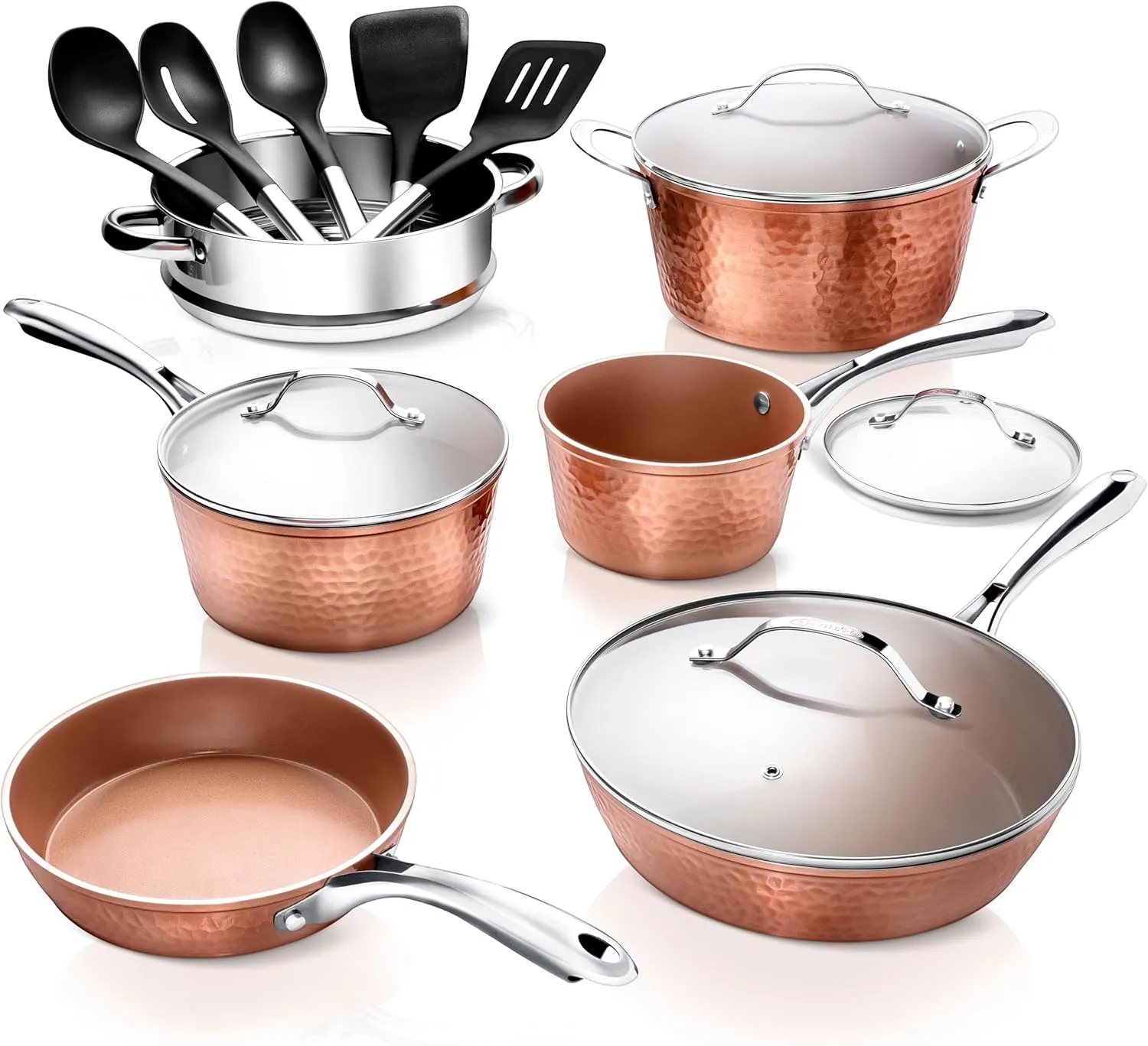 Gotham Steel Hammered 15 Pc Ceramic Cookware Set Nonstick, Deep Copper Pots and Pans Set Non Stick with Induction Cookware, Cooking Utensils & Steamer, Non Toxic PFOA PFOS Free, Oven & Dishwasher Safe