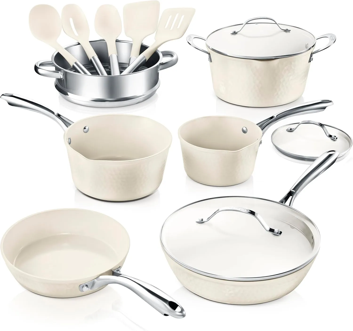 GOTHAM STEEL Hammered 15 Pc Ceramic Cookware Set Nonstick, Pots and Pans Set Non Stick for Kitchen with Utensils, Pots and Pans for Cooking, Non Toxic Cookware Sets, Oven and Dishwasher Safe