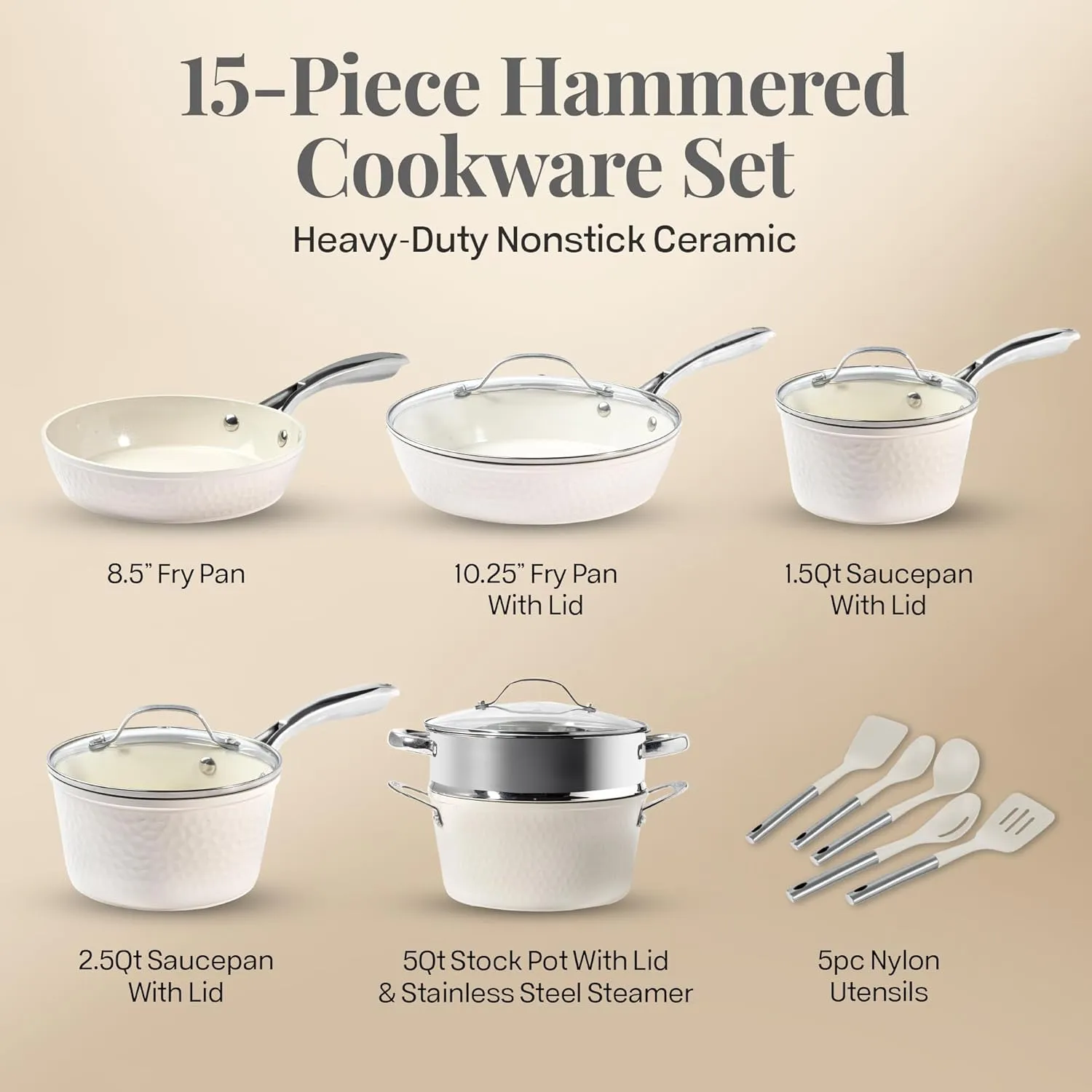 GOTHAM STEEL Hammered 15 Pc Ceramic Cookware Set Nonstick, Pots and Pans Set Non Stick for Kitchen with Utensils, Pots and Pans for Cooking, Non Toxic Cookware Sets, Oven and Dishwasher Safe