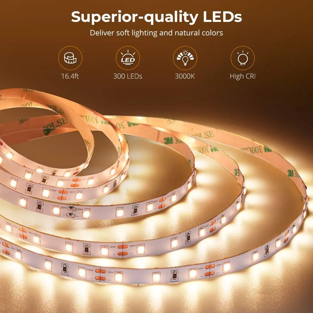 Govee Warm White LED Strip Lights, Bright 300 LEDs, 3000K Dimmable Light Strip 16.4ft with Control Box, LED Lights for Bedroom, Kitchen Cabinets, Living Room, ETL Listed Adapter Included