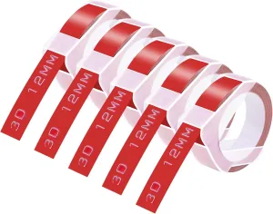 GREENCYCLE 3D Plastic Embossing Label Tape Compatible for Dymo Organizer Xpress, Pro Office Mate II, MoTEX, Self-Adhesive Glossy Labeling 521202, 1/2" (12mm) x 9.8ft (3m) White on Red-5 Rolls