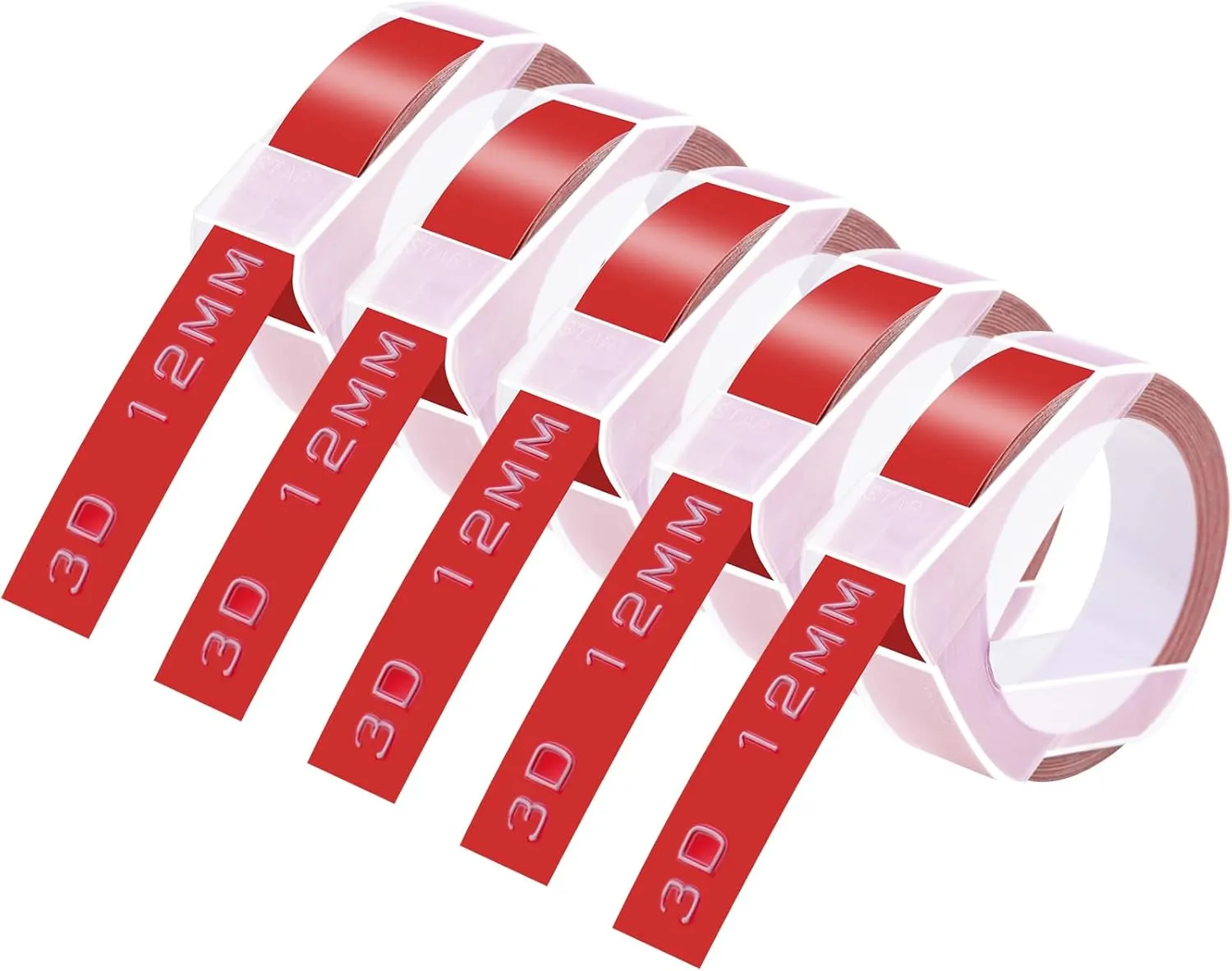 GREENCYCLE 3D Plastic Embossing Label Tape Compatible for Dymo Organizer Xpress, Pro Office Mate II, MoTEX, Self-Adhesive Glossy Labeling 521202, 1/2" (12mm) x 9.8ft (3m) White on Red-5 Rolls