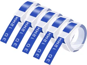 GREENCYCLE 3D Plastic Embossing Label Tape Compatible for Dymo Organizer Xpress, Pro Office Mate II, MoTEX, Self-Adhesive Glossy Labeling 521206, 1/2" (12mm) x 9.8ft (3m) White on Blue-5 Rolls