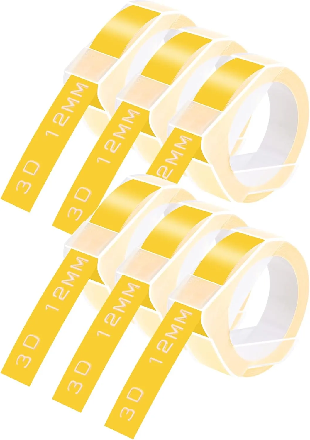 GREENCYCLE 3D Plastic Embossing Label Tape Compatible for Dymo Organizer Xpress, Pro Office Mate II, MoTEX, Self-Adhesive Glossy Labeling 521208, 1/2" (12mm) x 9.8ft (3m) White on Yellow-6 Rolls