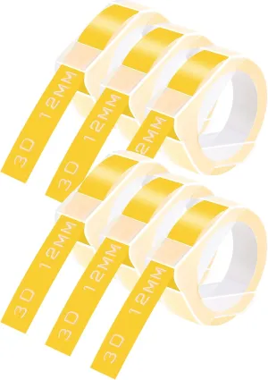 GREENCYCLE 3D Plastic Embossing Label Tape Compatible for Dymo Organizer Xpress, Pro Office Mate II, MoTEX, Self-Adhesive Glossy Labeling 521208, 1/2" (12mm) x 9.8ft (3m) White on Yellow-6 Rolls