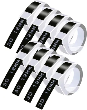 GREENCYCLE 3D Plastic Embossing Label Tape Compatible for Dymo Organizer Xpress, Pro Office Mate II, MoTEX, Self-Adhesive Glossy Labeling 521209, 1/2" (12mm) x 9.8ft (3m) White on Black-8 Rolls