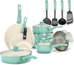 GreenLife Soft Grip Healthy Ceramic Nonstick, 16 pc Ceramic Non-Stick Cookware Set, PFAS-Free, Turquoise