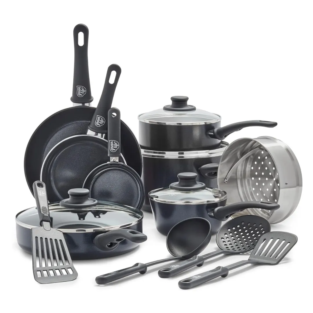 GreenLife Soft Grip Healthy Ceramic Nonstick 16 Piece Kitchen Cookware Pots and Frying Sauce Saute Pans Set