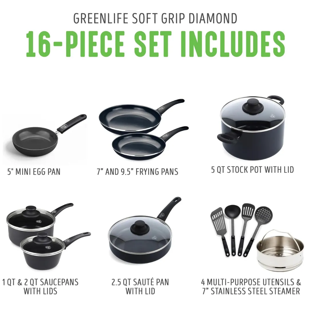 GreenLife Soft Grip Healthy Ceramic Nonstick 16 Piece Kitchen Cookware Pots and Frying Sauce Saute Pans Set
