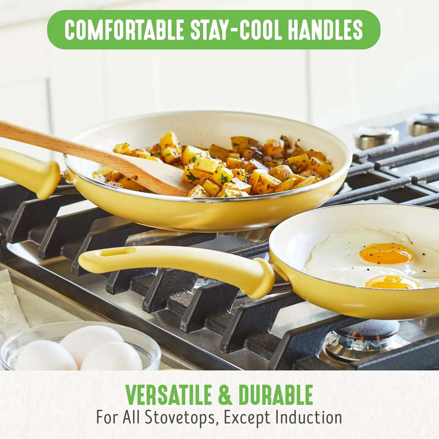 GreenLife Soft Grip Healthy Ceramic Nonstick 18 Piece Kitchen Cookware Pots and Frying Sauce Saute Pans Set, PFAS-Free with Kitchen Utensils and Lid, Dishwasher Safe, Yellow