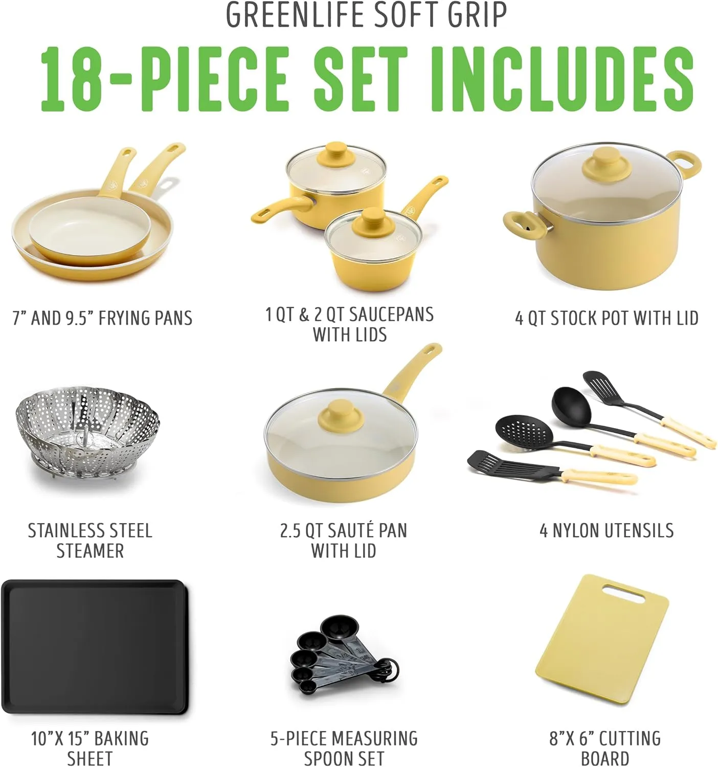 GreenLife Soft Grip Healthy Ceramic Nonstick 18 Piece Kitchen Cookware Pots and Frying Sauce Saute Pans Set, PFAS-Free with Kitchen Utensils and Lid, Dishwasher Safe, Yellow
