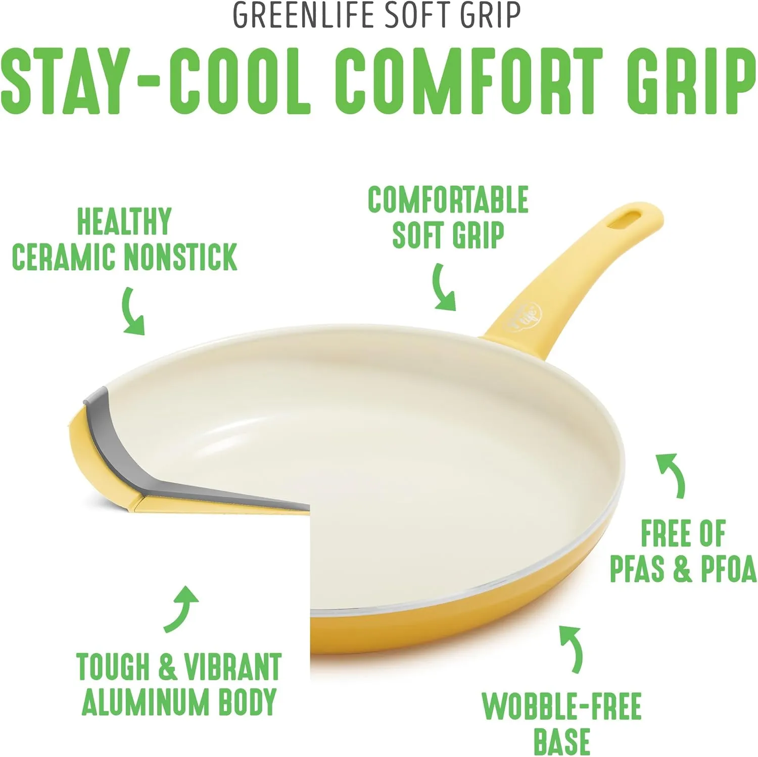 GreenLife Soft Grip Healthy Ceramic Nonstick 18 Piece Kitchen Cookware Pots and Frying Sauce Saute Pans Set, PFAS-Free with Kitchen Utensils and Lid, Dishwasher Safe, Yellow