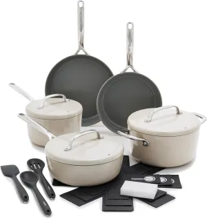 GreenPan GP5 Hard Anodized Healthy Ceramic Nonstick 14 Piece Cookware Pots and Pans Set,Heavy Gauge Scratch Resistant,Stay-Flat Surface, Induction, Mirror Finish Handle,Oven Safe,PFAS-Free,Taupe