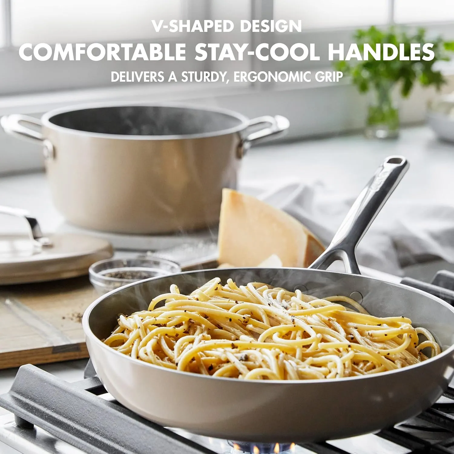 GreenPan GP5 Hard Anodized Healthy Ceramic Nonstick 14 Piece Cookware Pots and Pans Set,Heavy Gauge Scratch Resistant,Stay-Flat Surface, Induction, Mirror Finish Handle,Oven Safe,PFAS-Free,Taupe