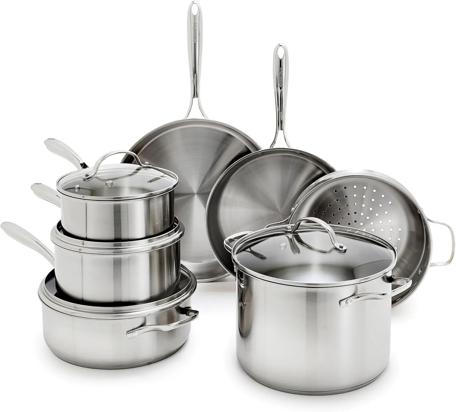 GreenPan Swift 11 Piece Stainless Steel Cookware Set, Non-Toxic PFAS-Free, Induction Safe Kitchen Pots & Pans, Interior Measurement Markings, Silver Handles & Lids, Steamer, Oven Safe, Silver