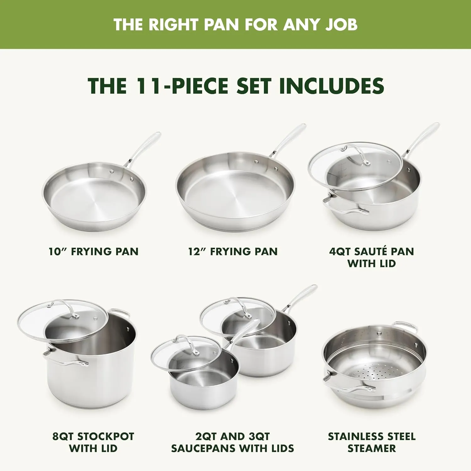 GreenPan Swift 11 Piece Stainless Steel Cookware Set, Non-Toxic PFAS-Free, Induction Safe Kitchen Pots & Pans, Interior Measurement Markings, Silver Handles & Lids, Steamer, Oven Safe, Silver