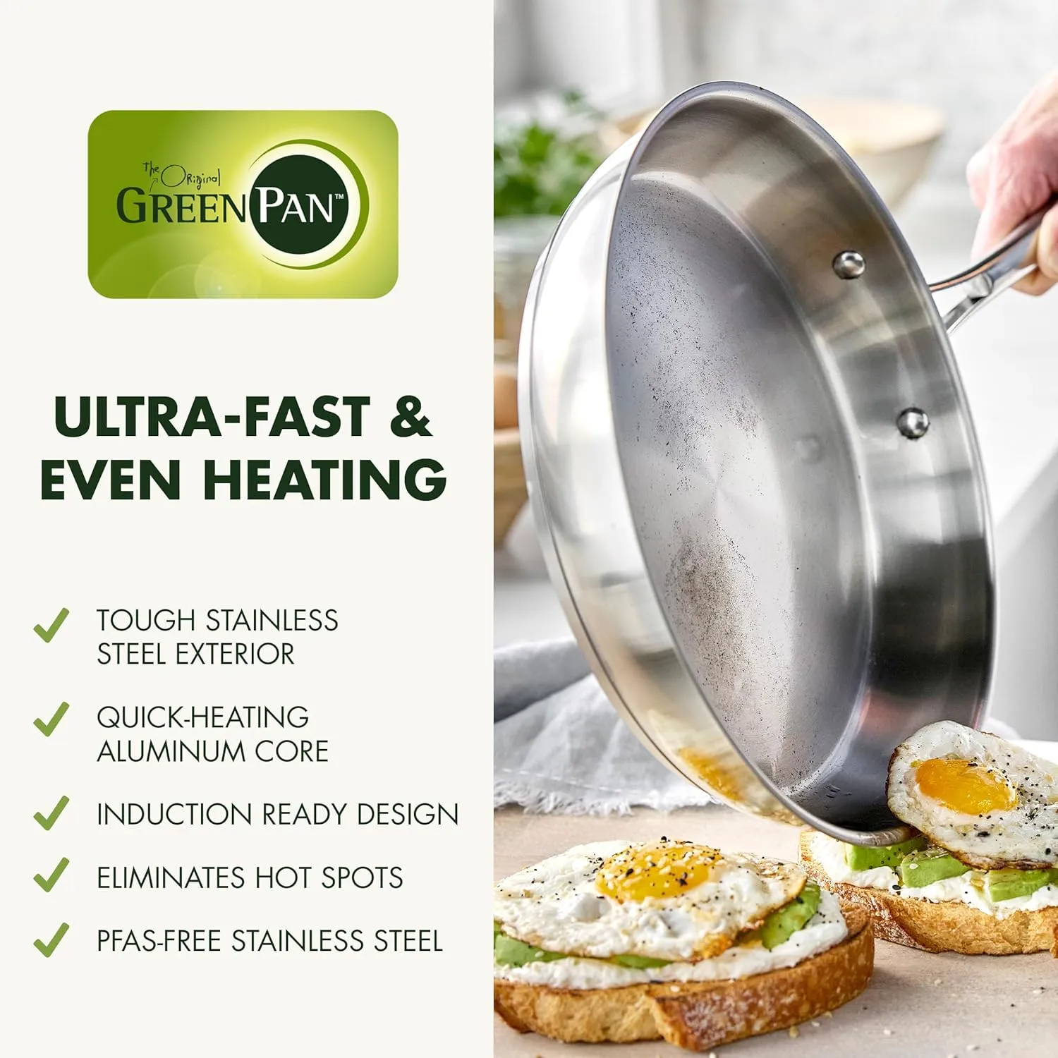 GreenPan Swift 11 Piece Stainless Steel Cookware Set, Non-Toxic PFAS-Free, Induction Safe Kitchen Pots & Pans, Interior Measurement Markings, Silver Handles & Lids, Steamer, Oven Safe, Silver