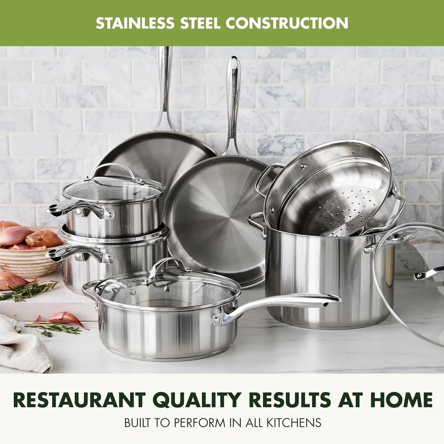 GreenPan Swift 11 Piece Stainless Steel Cookware Set, Non-Toxic PFAS-Free, Induction Safe Kitchen Pots & Pans, Interior Measurement Markings, Silver Handles & Lids, Steamer, Oven Safe, Silver