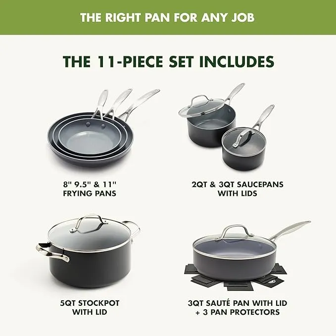 GreenPan Valencia Pro Hard Anodized Induction Safe Healthy Ceramic Nonstick, Cookware Pots and Pans Set, Gray, 11 Piece, CC000675-001