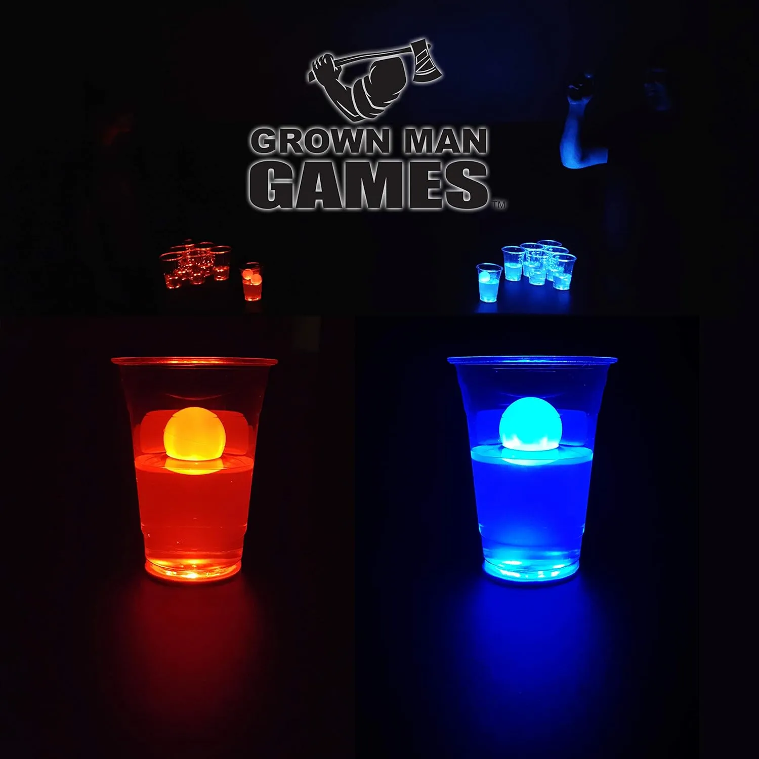 Grown Man Games LED Beer Pong Set w/Glow in The Dark Cups and Pong Balls - Table and Yard Games - Indoor and Outdoor Games - Drinking Games for Party (14 Cup)