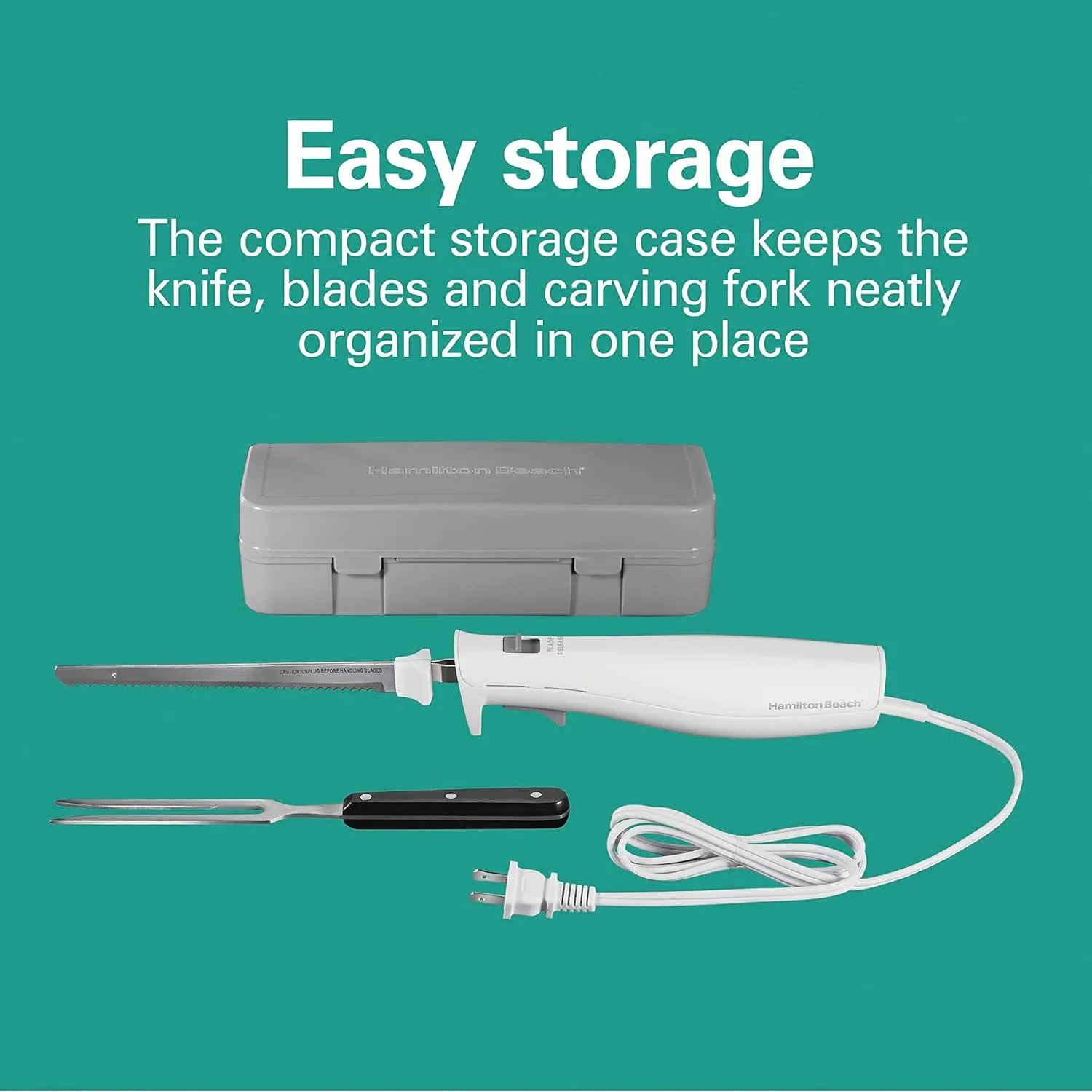 Hamilton Beach Electric Knife Set for Carving Meats, Poultry, Bread, Crafting Foam & More, Reciprocating Serrated Stainless Steel Blades, Ergonomic Design Storage Case   Fork Included, 5 Foot Cord