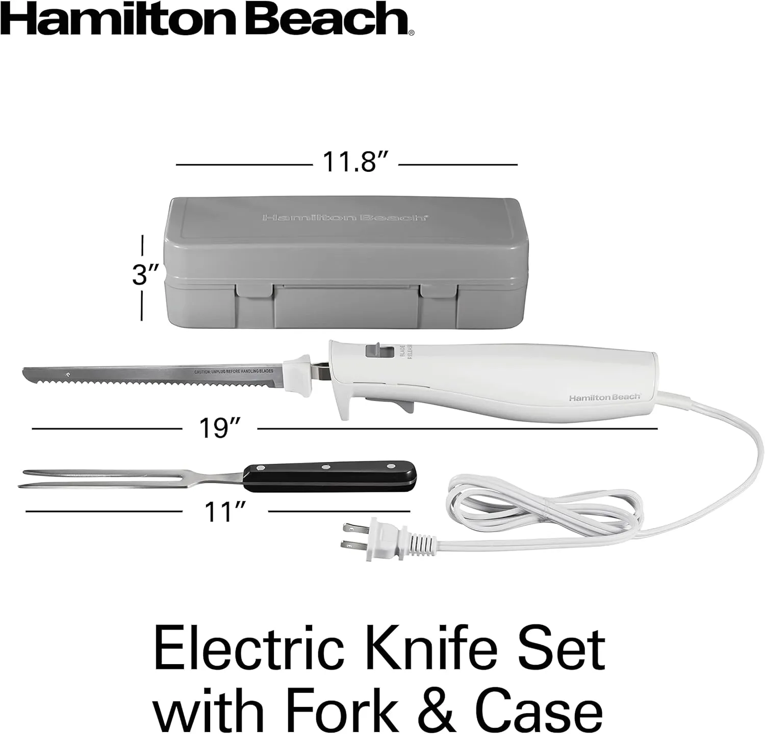 Hamilton Beach Electric Knife Set for Carving Meats, Poultry, Bread, Crafting Foam & More, Reciprocating Serrated Stainless Steel Blades, Ergonomic Design Storage Case   Fork Included, 5 Foot Cord