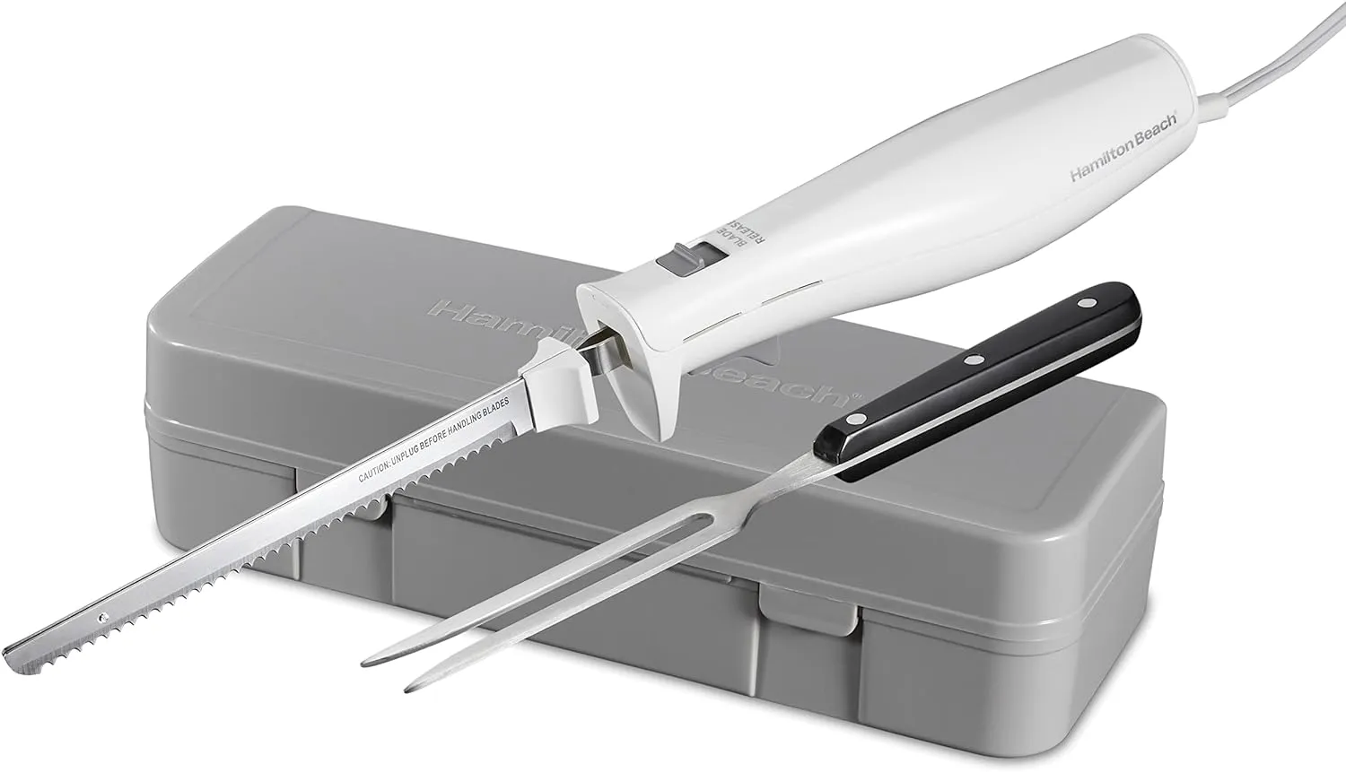 Hamilton Beach Electric Knife Set for Carving Meats, Poultry, Bread, Crafting Foam & More, Reciprocating Serrated Stainless Steel Blades, Ergonomic Design Storage Case   Fork Included, 5 Foot Cord