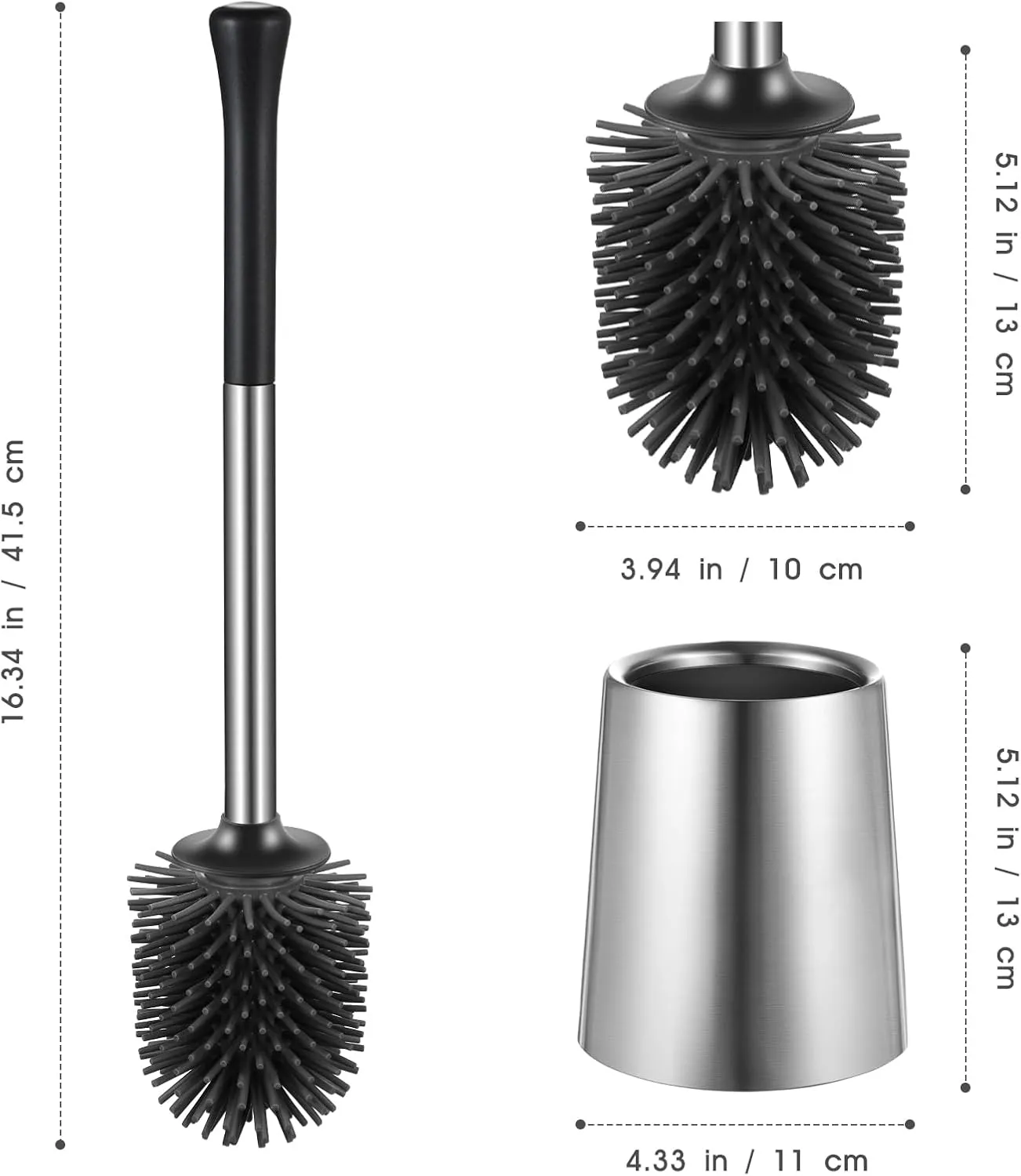 HAMITOR Toilet Bowl Brush Holder Set: 2Pack Silicone Stainless Steel Deep Cleaning Toilet Cleaner Brush for Bathroom Restroom - Compact Modern Rv Toilet Scrubber Accessories with Caddy