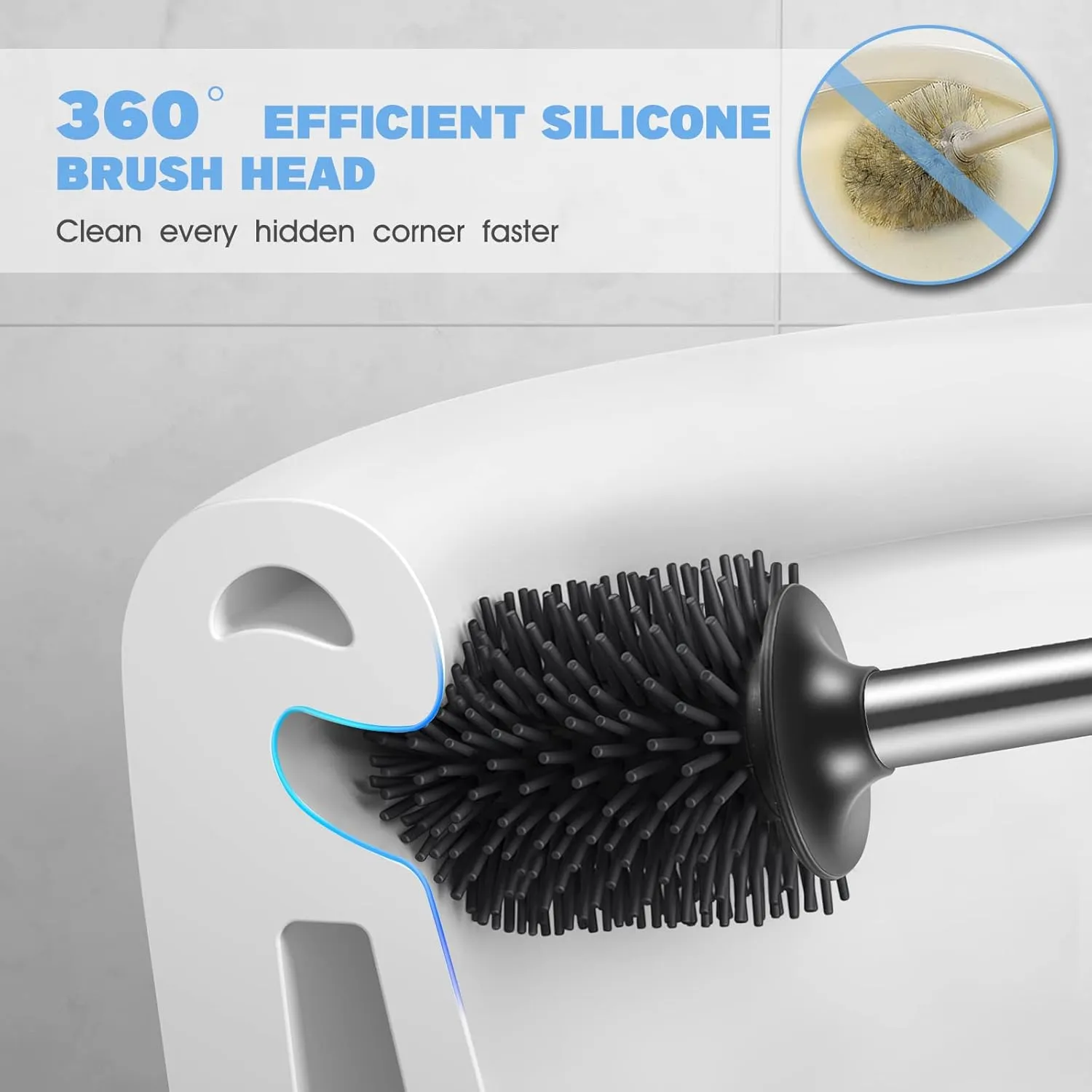 HAMITOR Toilet Bowl Brush Holder Set: 2Pack Silicone Stainless Steel Deep Cleaning Toilet Cleaner Brush for Bathroom Restroom - Compact Modern Rv Toilet Scrubber Accessories with Caddy