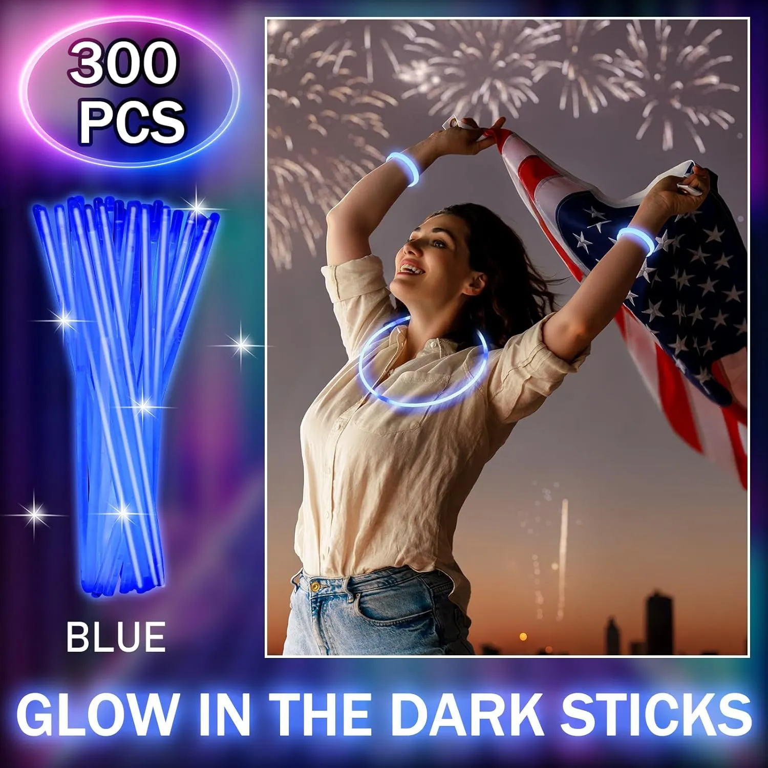 Hanaive 300 Pcs Glow Sticks Bulk 8 Inch Glow in the Dark Party Favors Neon Bracelets and Necklaces Light up Sticks with Connectors for Party Supplies(Blue)