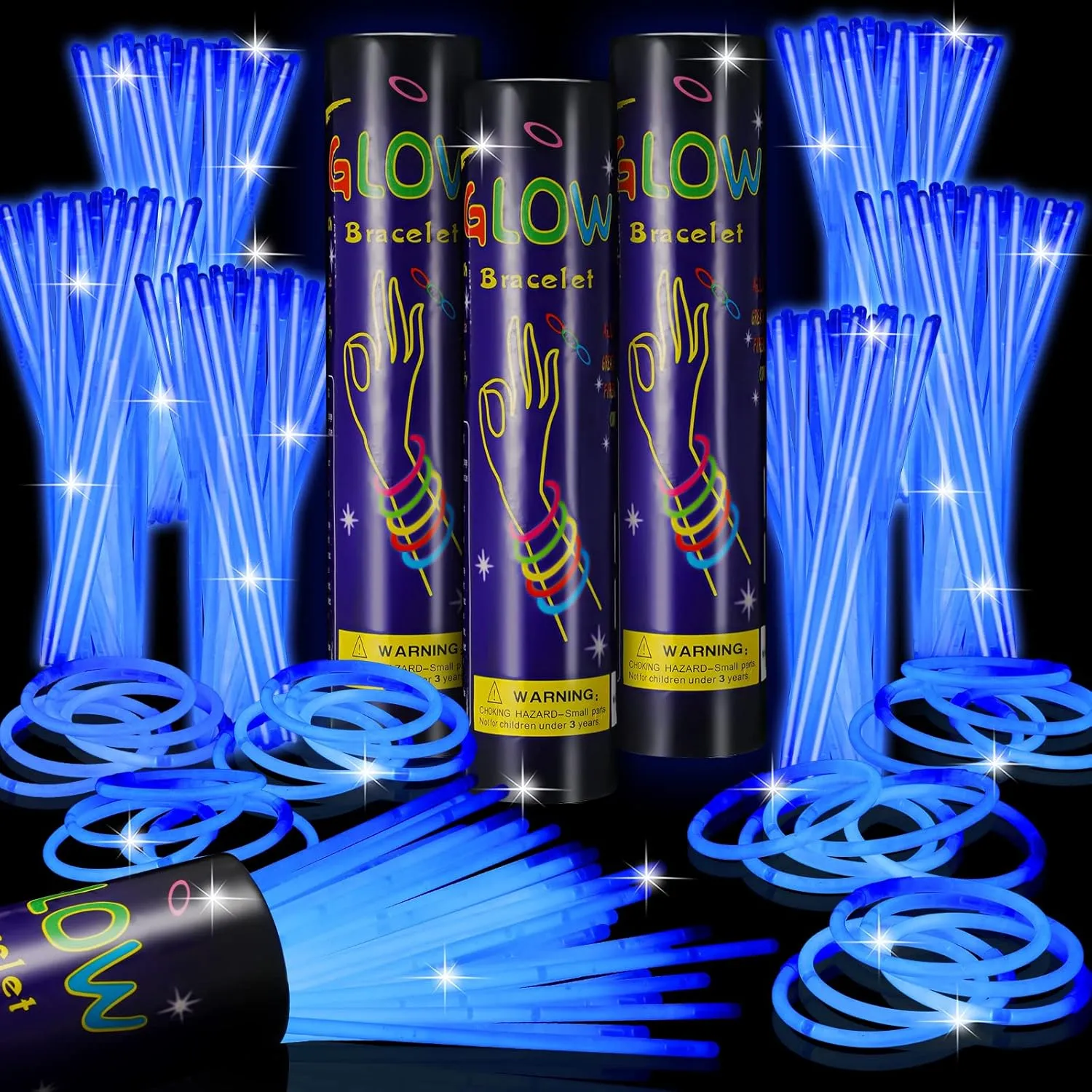 Hanaive 300 Pcs Glow Sticks Bulk 8 Inch Glow in the Dark Party Favors Neon Bracelets and Necklaces Light up Sticks with Connectors for Party Supplies(Blue)