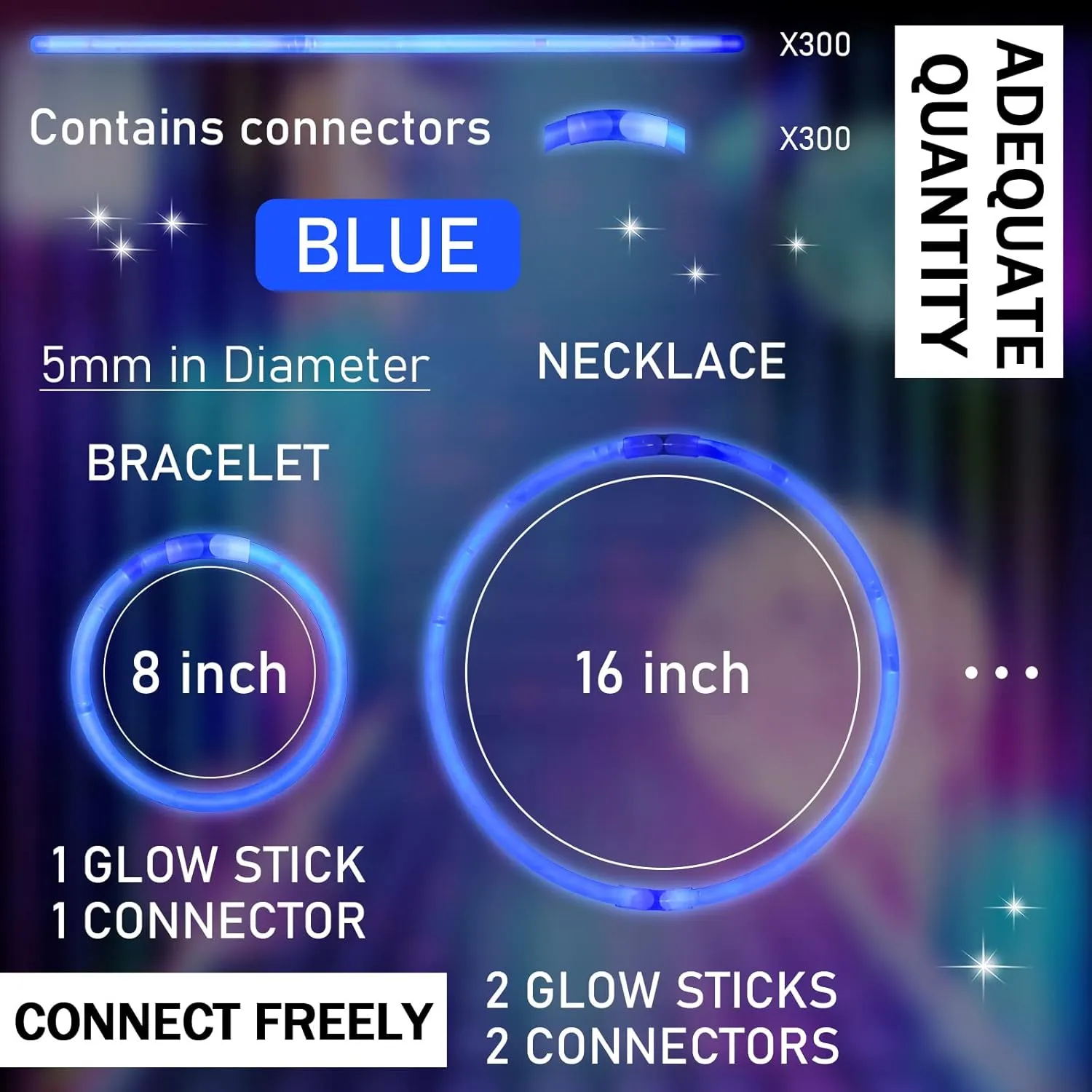 Hanaive 300 Pcs Glow Sticks Bulk 8 Inch Glow in the Dark Party Favors Neon Bracelets and Necklaces Light up Sticks with Connectors for Party Supplies(Blue)