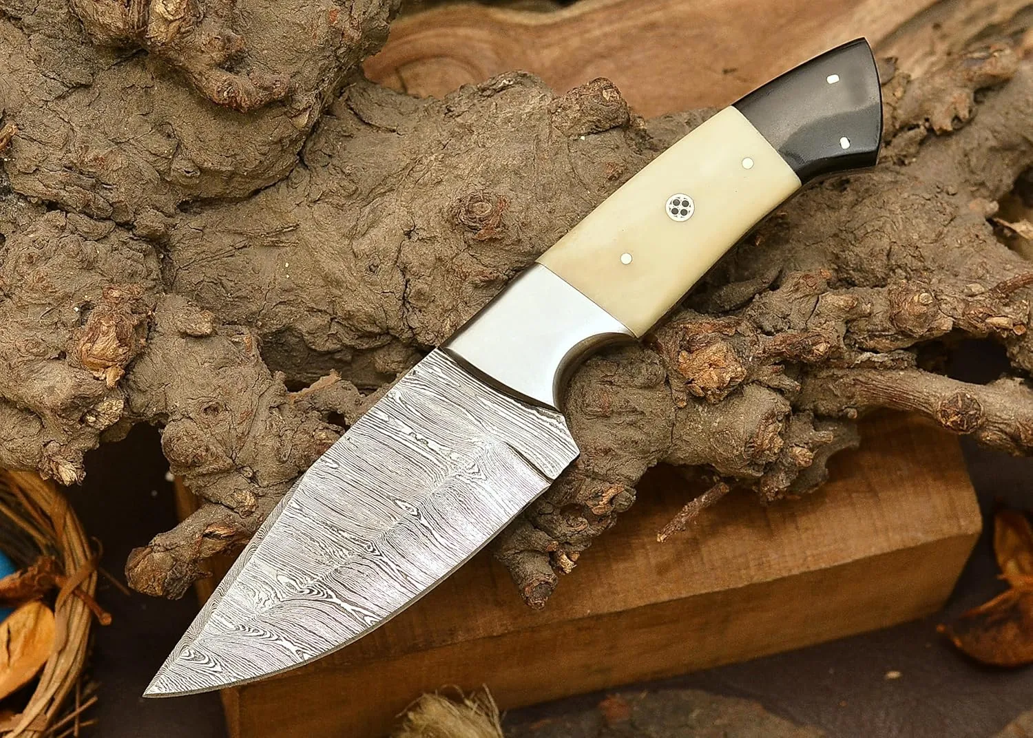 Handmade Damascus Camel Bone Hunting Knife,Fixed Blade full tang with Leather Belt Sheath gifts for men EDC, Skinning, Outdoor adventures. (Bone Damascus Knife), PCL-0078