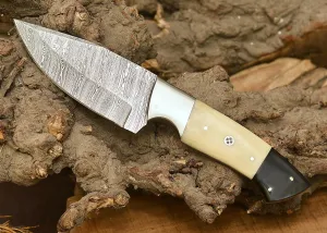 Handmade Damascus Camel Bone Hunting Knife,Fixed Blade full tang with Leather Belt Sheath gifts for men EDC, Skinning, Outdoor adventures. (Bone Damascus Knife), PCL-0078