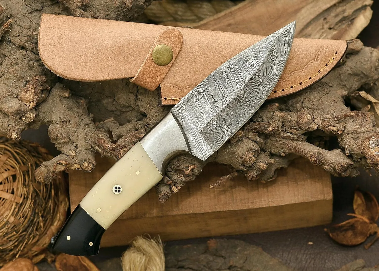 Handmade Damascus Camel Bone Hunting Knife,Fixed Blade full tang with Leather Belt Sheath gifts for men EDC, Skinning, Outdoor adventures. (Bone Damascus Knife), PCL-0078