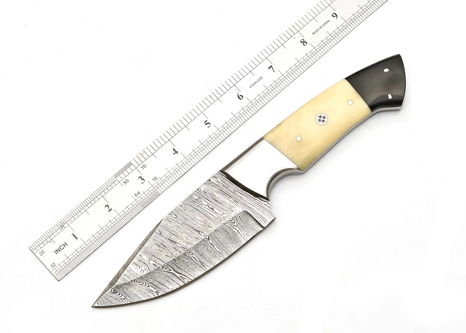 Handmade Damascus Camel Bone Hunting Knife,Fixed Blade full tang with Leather Belt Sheath gifts for men EDC, Skinning, Outdoor adventures. (Bone Damascus Knife), PCL-0078