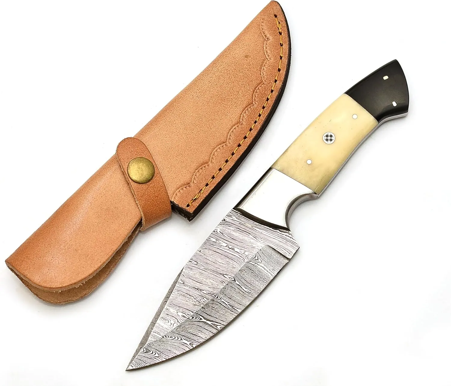 Handmade Damascus Camel Bone Hunting Knife,Fixed Blade full tang with Leather Belt Sheath gifts for men EDC, Skinning, Outdoor adventures. (Bone Damascus Knife), PCL-0078