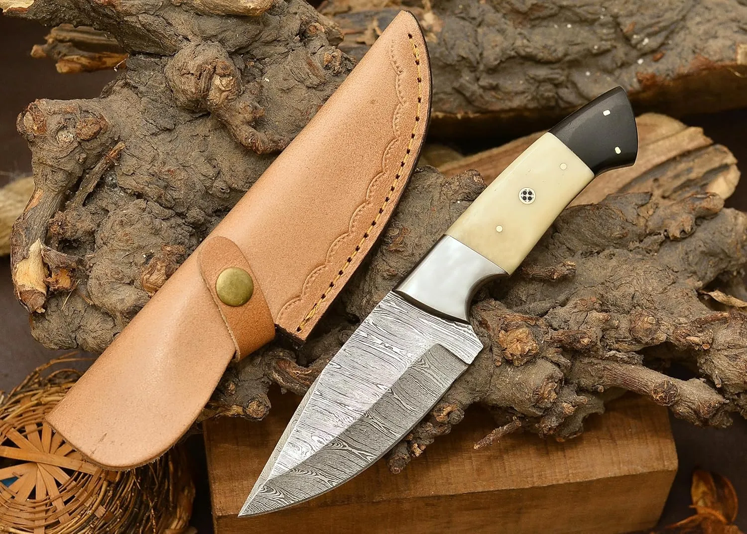 Handmade Damascus Camel Bone Hunting Knife,Fixed Blade full tang with Leather Belt Sheath gifts for men EDC, Skinning, Outdoor adventures. (Bone Damascus Knife), PCL-0078