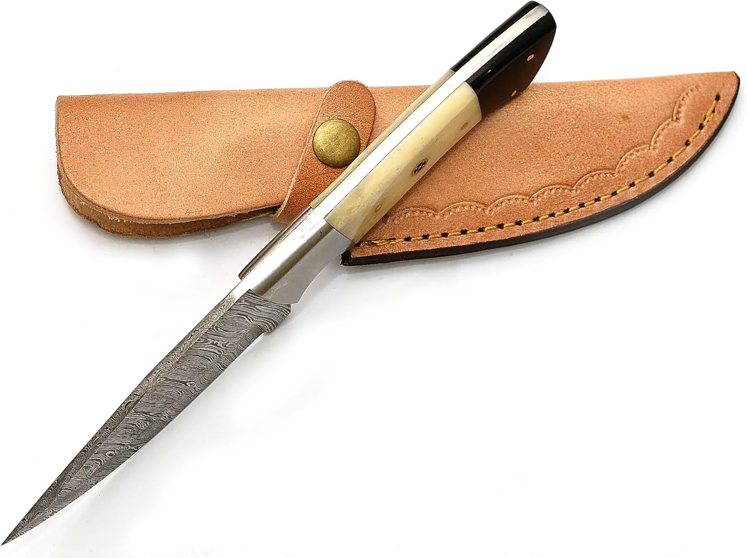 Handmade Damascus Camel Bone Hunting Knife,Fixed Blade full tang with Leather Belt Sheath gifts for men EDC, Skinning, Outdoor adventures. (Bone Damascus Knife), PCL-0078