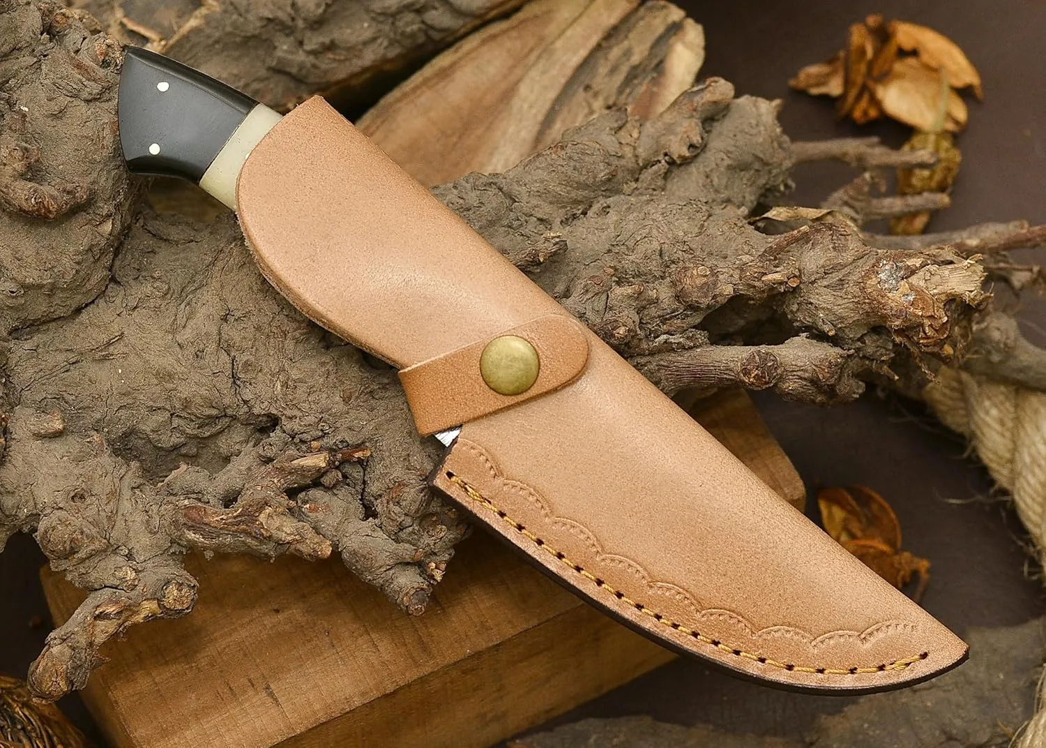 Handmade Damascus Camel Bone Hunting Knife,Fixed Blade full tang with Leather Belt Sheath gifts for men EDC, Skinning, Outdoor adventures. (Bone Damascus Knife), PCL-0078