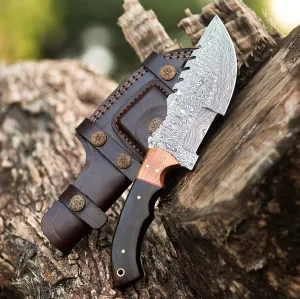 Handmade Damascus Tracker Knife 10'' Inches - Survival - Camping - Damascus Steel Knife - Hunting with Sheath Horizontal Carry Fixed Blade (BROWN)