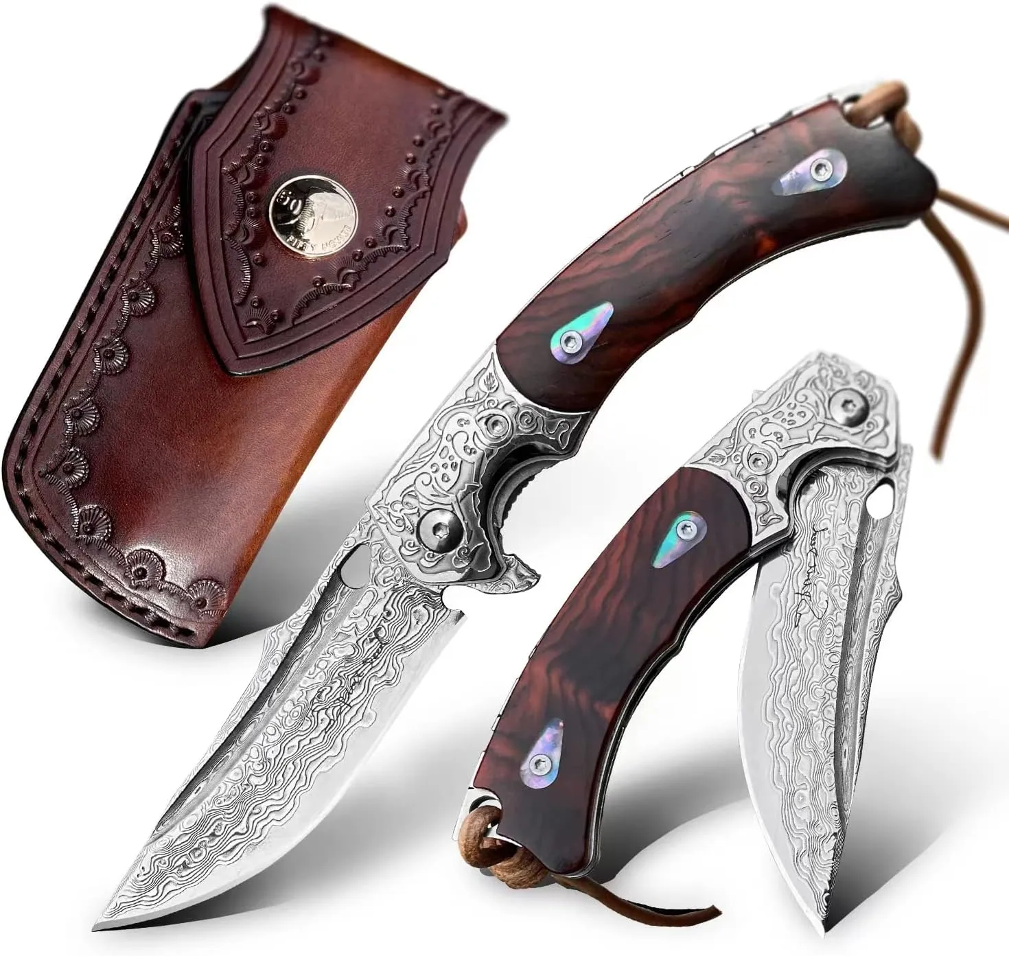 Handmade knife Japanese VG10 Damascus Steel Folding Knife,Rosewood Liner Lock Handle,EDC Pocket Knives for Men Outdoors Camping Fishing