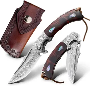 Handmade knife Japanese VG10 Damascus Steel Folding Knife,Rosewood Liner Lock Handle,EDC Pocket Knives for Men Outdoors Camping Fishing