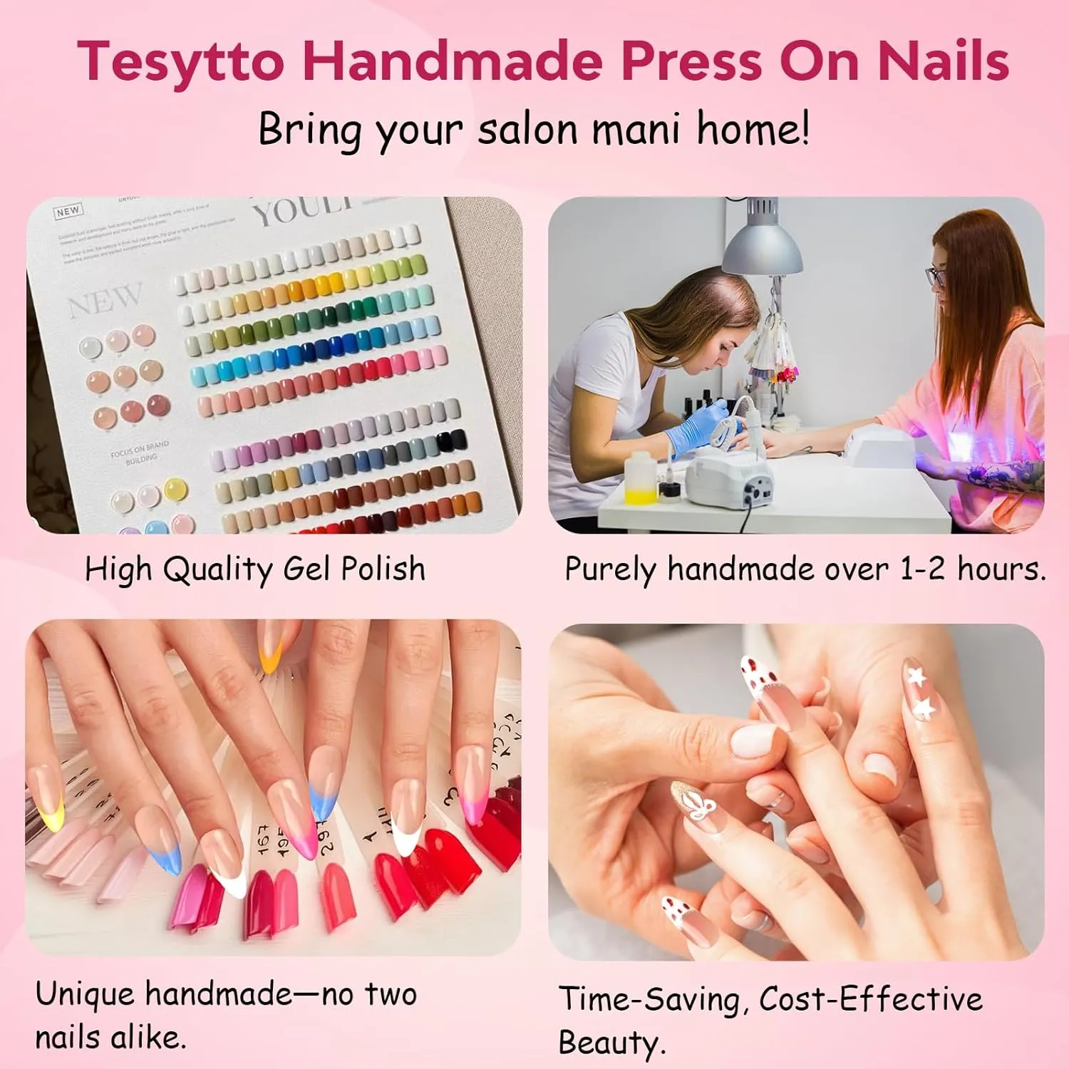 Handmade Press on False Nails Medium Almond Fake Nails French Tips Floral Carved, Muti-Layer Gel Acrylic Nails for Women Nail Art (Sheer Floral Glow, Medium)